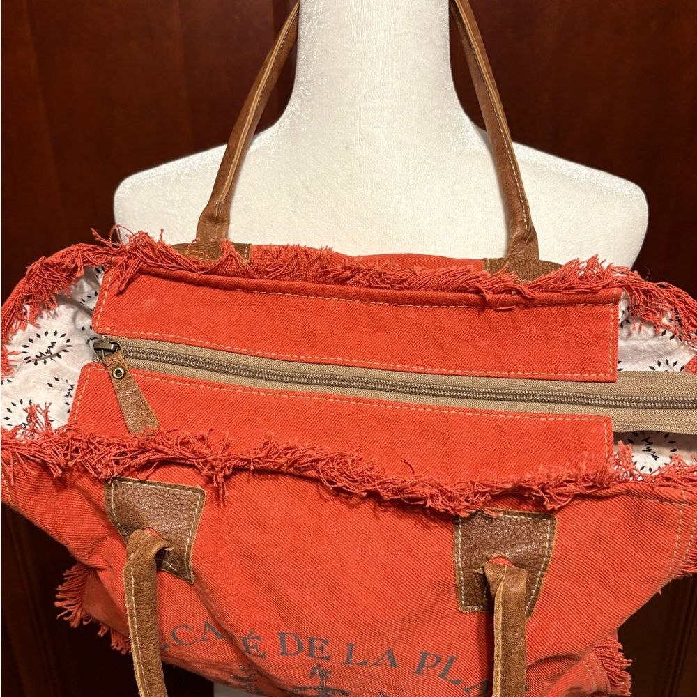 Myra Canvas and Leather Large Red Shoulder Bag Purse - Picture 6 of 7